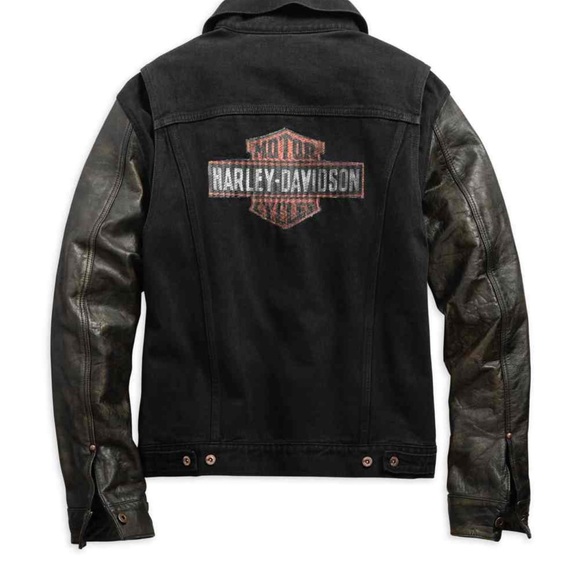 Harley-Davidson Men's Leather Sleeve Slim Fit Denim Jacket, Black 99183-19VM-3XL - Picture 2 of 8